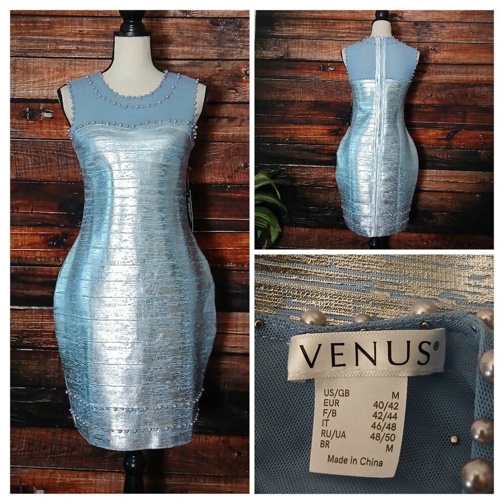 NWT Venus Bodycon Dress M Silver Blue Pearl Studded Stretch